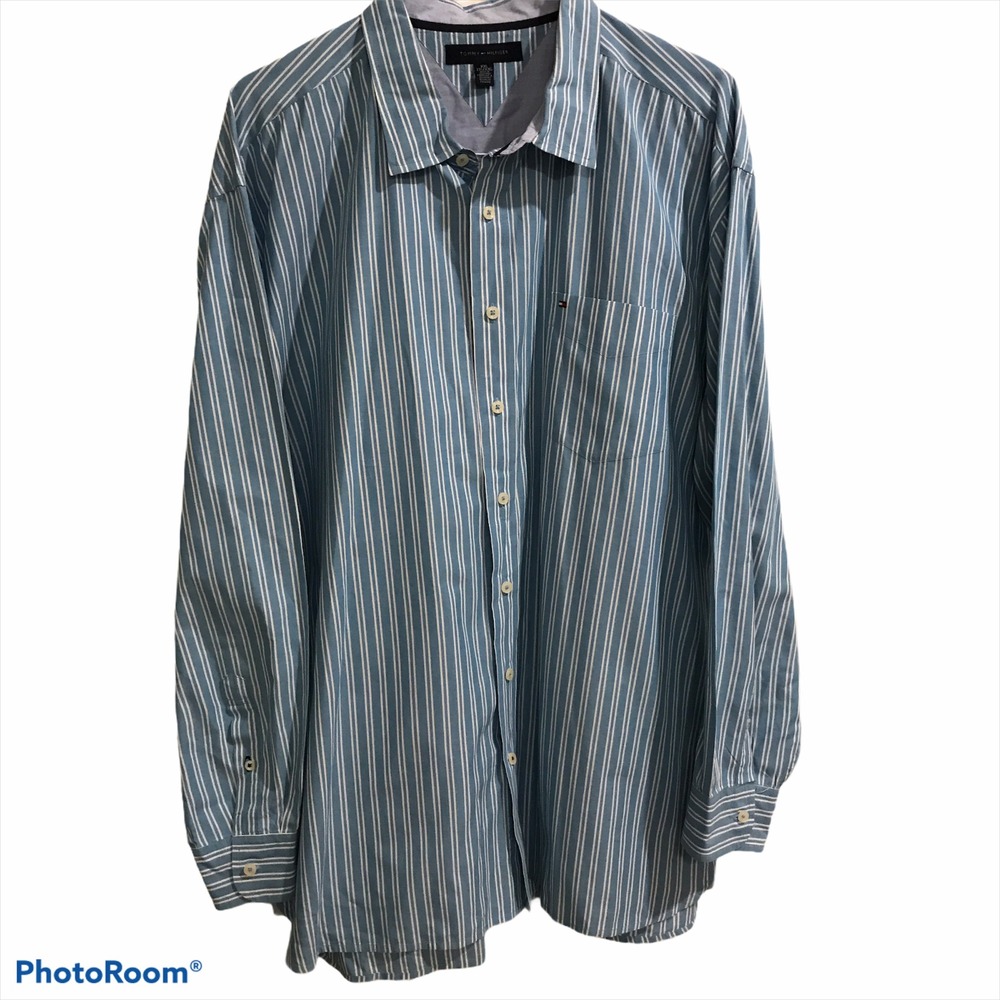 Tommy Hilfiger Button Down Shirt XXL Blue Striped Excellent Long Sleeve Pocket